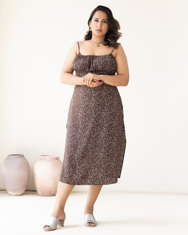 Brown Spaghetti Strap Dress with Textured Print
