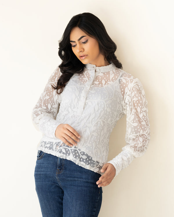 White Floral Jacquard Viscose Stretch Shirt