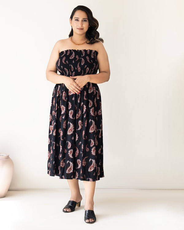 Elegant Women's Black Copper Paisley Midi Dress