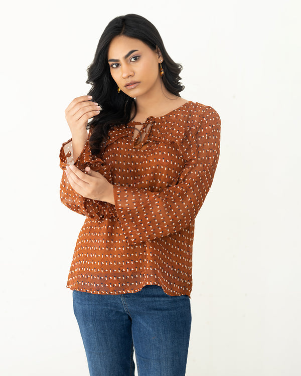 Women's Rust Brown Peasant Blouse with Diamond Print