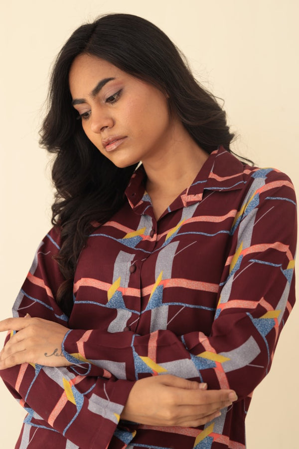Women's Longline Burgundy Geometric Print Shirt