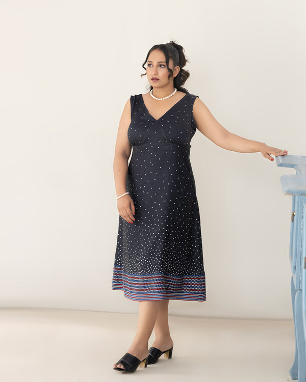Sophisticated Navy Midi Dress with Star Pattern and Vibrant Border