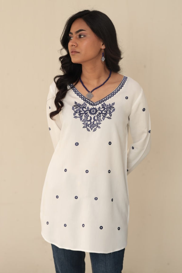 Women's Embroidered White Tunic with Blue Floral Motifs