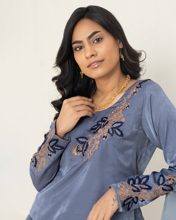 Elegant Grey Hand-Embroidered Long Sleeve Shirt
