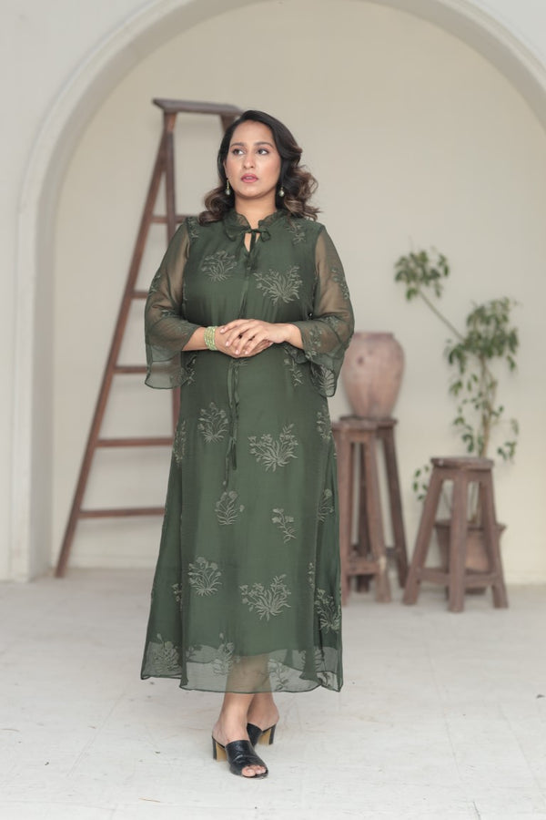 Enchanted Forest Green Chiffon Sheer Long Dress with Embroidered Accents