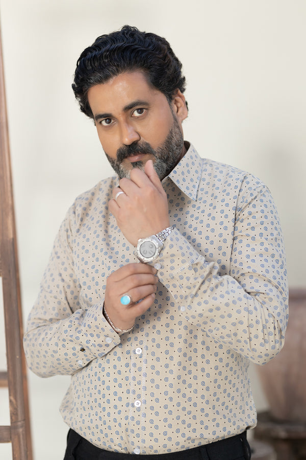 Men's Beige Long-Sleeve Cotton Print Shirt