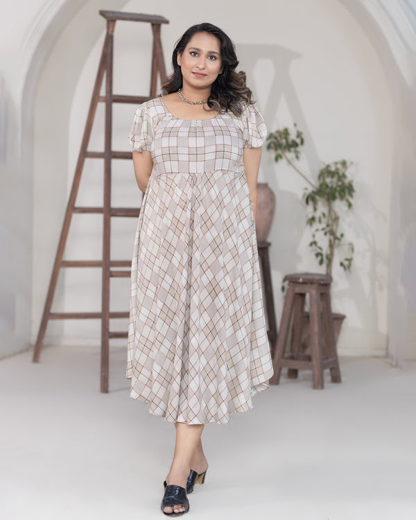 Beige Plaid Puff-Sleeve Midi Dress