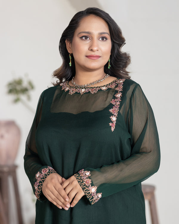 Elegant Dark Green Sheer Long-Sleeve Hand Embroidered Tunic