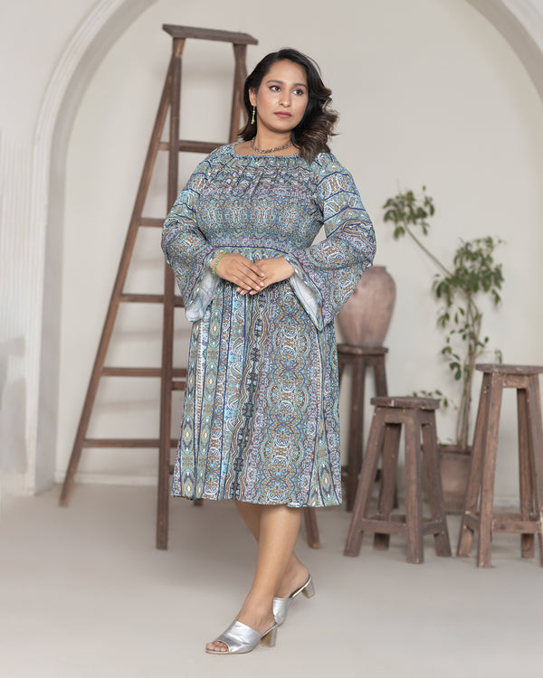 Green and Grey Floral Print Tunic Dress
