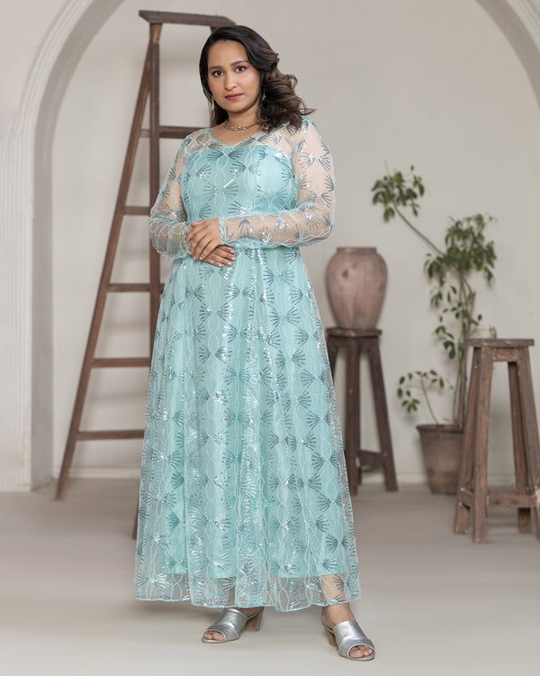 Elegant Light Blue Sequin Maxi Dress with Sheer Sleeves