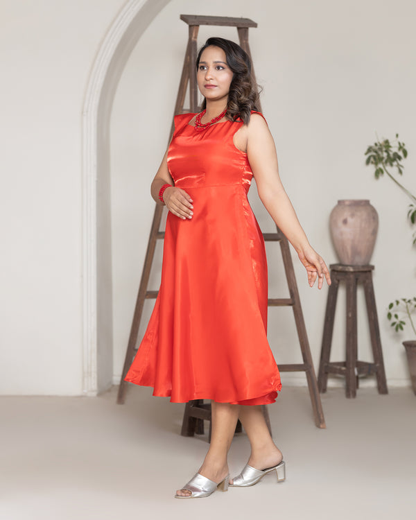 Radiant Red Satin Sleeveless Midi Dress