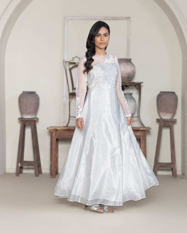 Elegant White Floral Embroidered Satin Gown with Sheer Sleeves