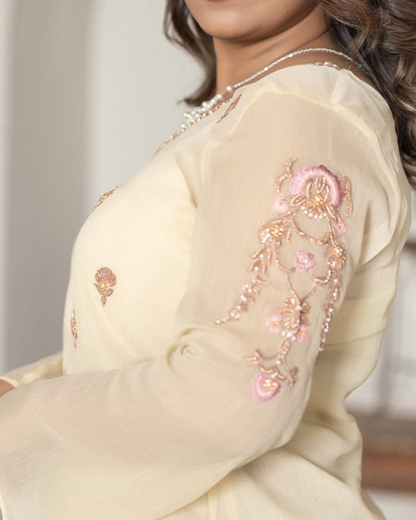 Luxurious Hand-Embroidered Cream Shirt with Floral Accents - Elegant Casual Wear