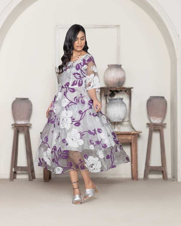 Charming Floral Sheer Overlay Dress in Purple and White