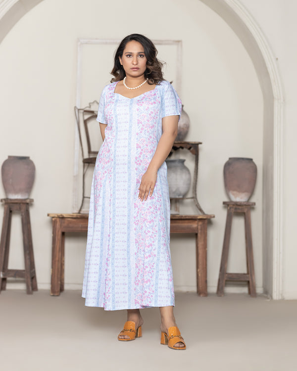 Elegant Blue and White Floral Maxi Dress
