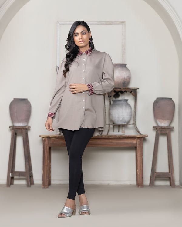 Modern Taupe Embroidered Linen Tunic