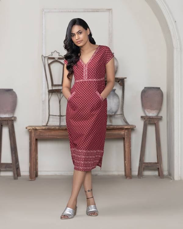 Elegant Maroon Midi Wrap Dress with Delicate Floral Print