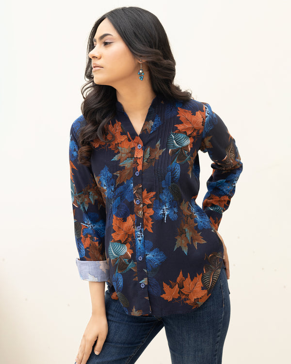 Navy Blue Floral Print Long Sleeve Linen Shirt