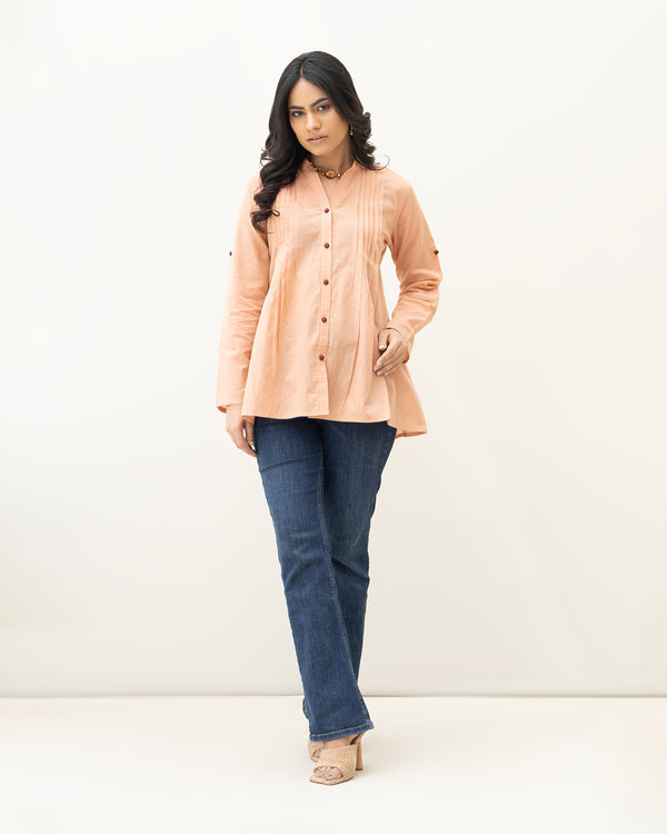 Women's Peach Long Sleeve Button-Down Shirt with Pleats and Tie-Back