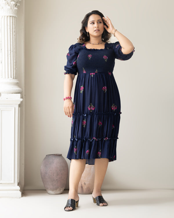 Navy Blue Smocked Floral Midi Dress for Women