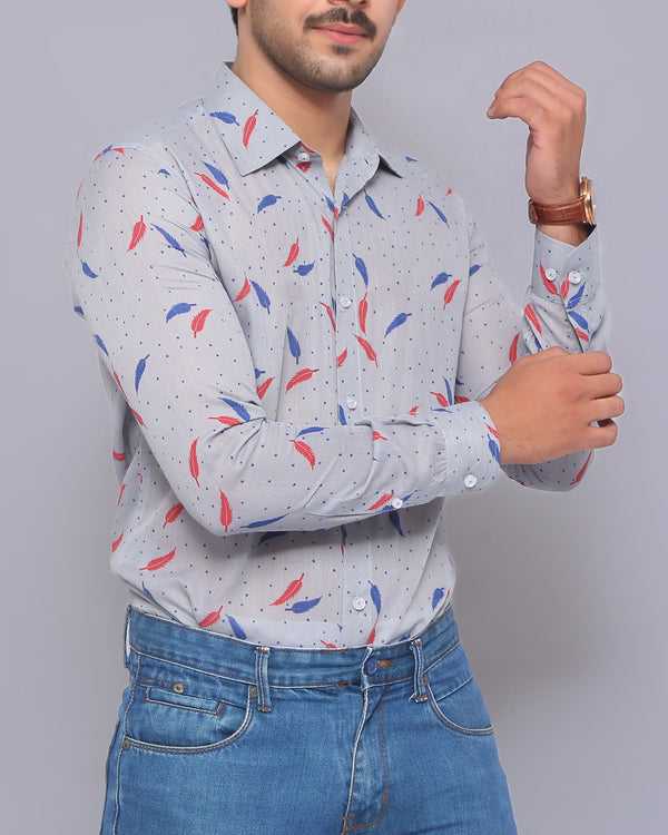 Men's Long-Sleeve Feather Print Shirt with Button-Down Collar