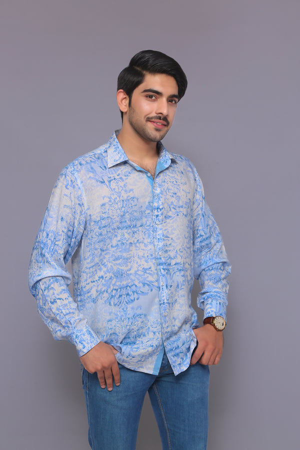 Men's Long-Sleeve Blue Linen Shirt