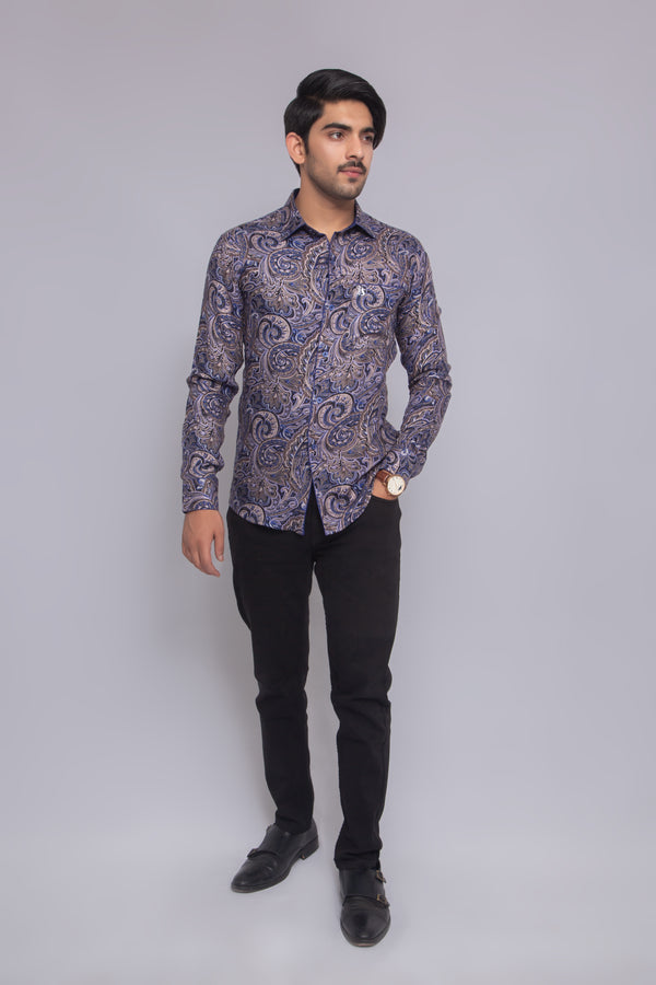 Men's Slim Fit Paisley Print Long Sleeve Shirt - Navy