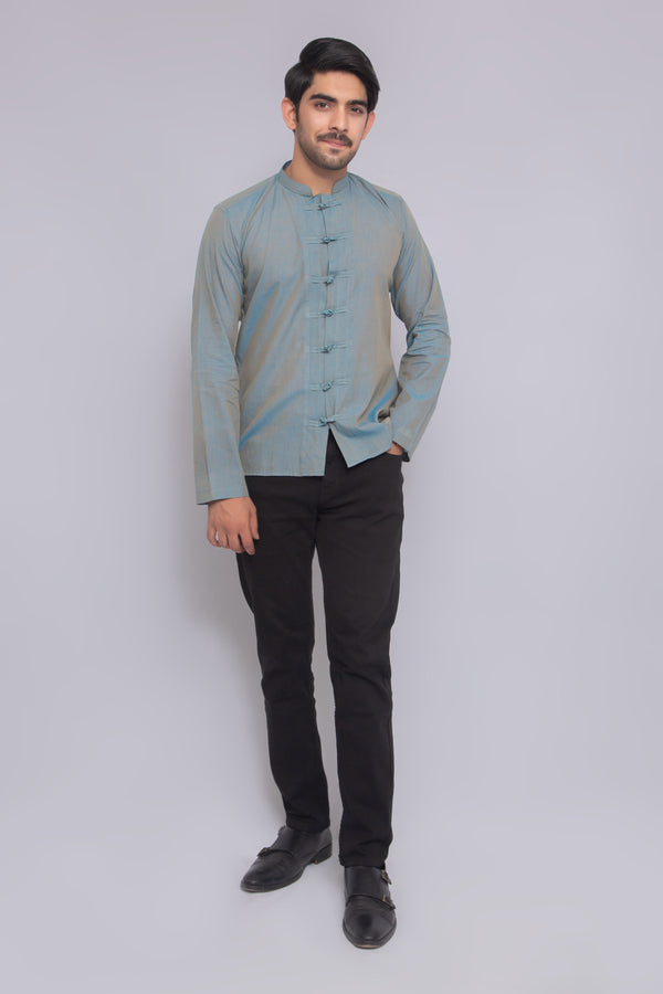 Men's Mandarin Collar Long-Sleeve Shirt with Frog Buttons