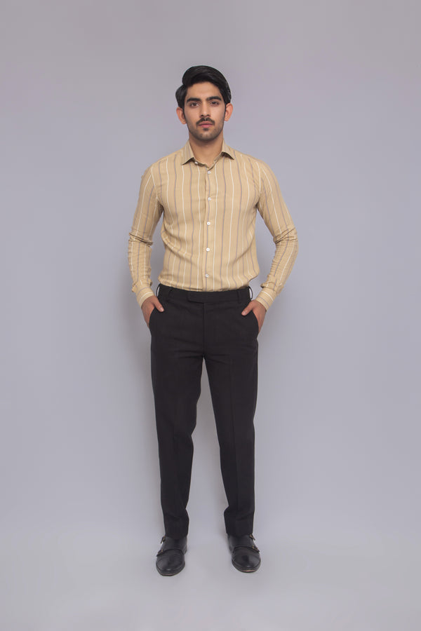 Men's Long Sleeve Striped Beige Cotton Shirt