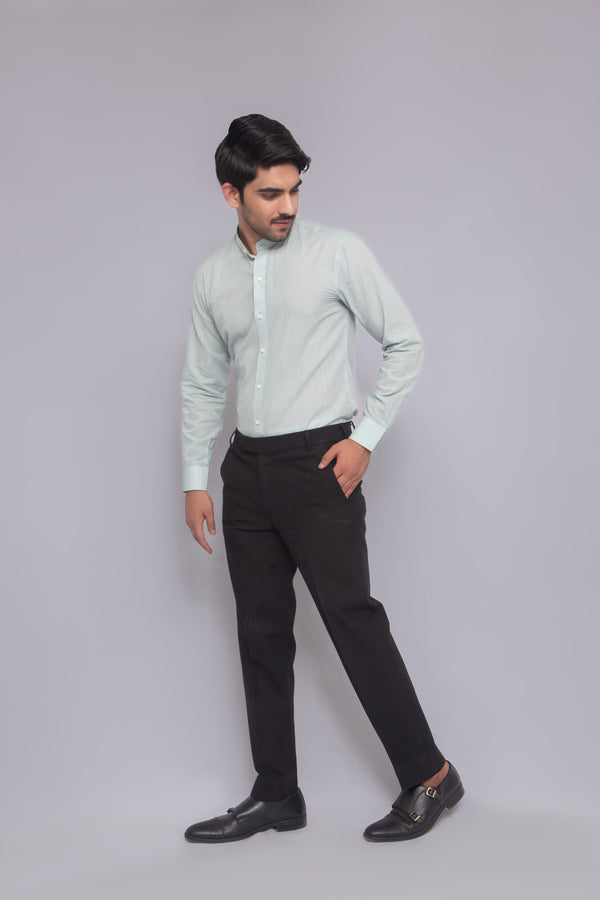 Men's Long Sleeve Mandarin Collar Mint Green Cotton Shirt