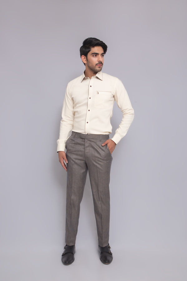 Men's Cream Stretch Cotton Shirt with Contrast Buttons