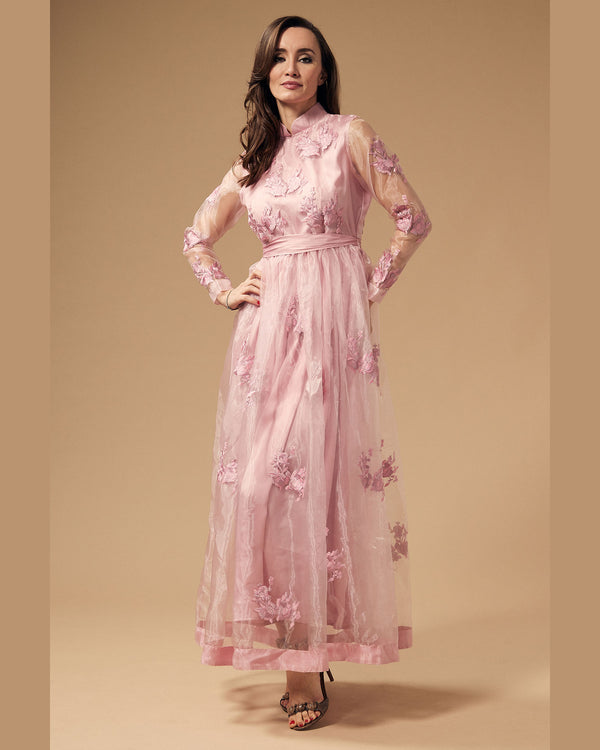 Embroidered Pink Organza Long Dress