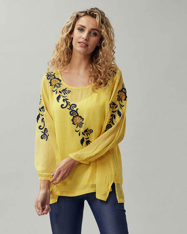 Yellow Chiffon Tunic With Blue Embroidery