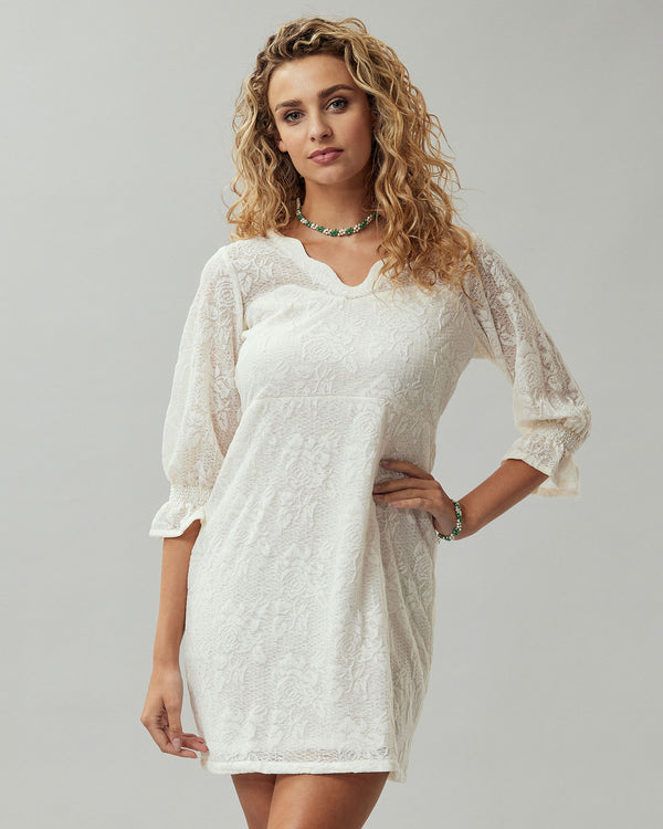 White V-neck, Ruched-Sleeve Midi Dress