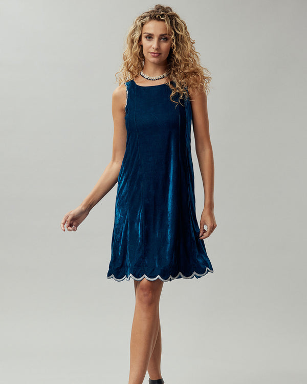 Navy Blue Velvet Dress With Silver Embroidery