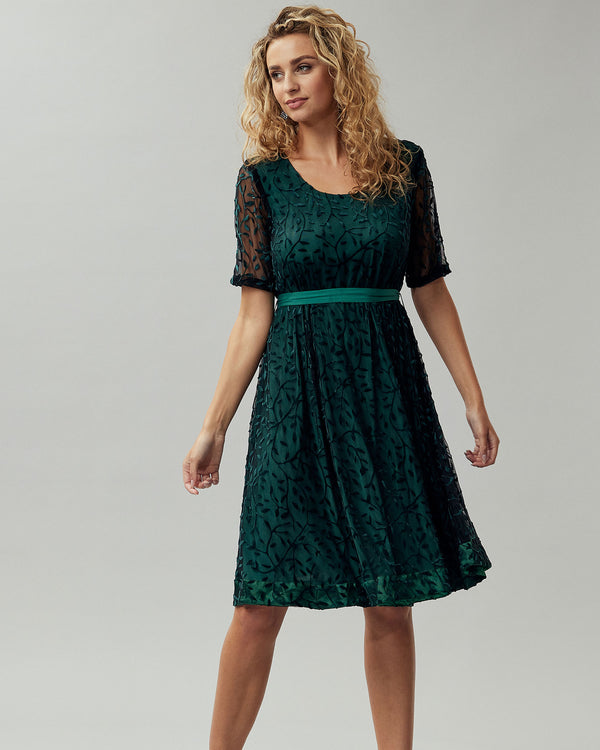 Dark Green Embossed Velvet Belted Dress
