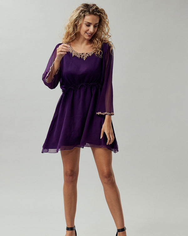 Hand-Embroidered Short Purple Chiffon Flared Dress