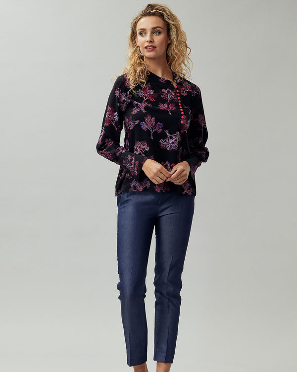 Pink & Black Floral Cotton Top With Unique Pink Button