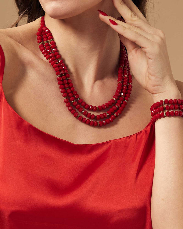 Red Beads Necklace Set With Matching Bracelet