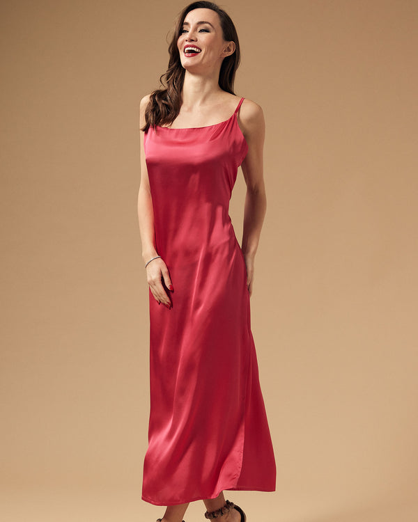 Fuchsia Red Silk Long Dress