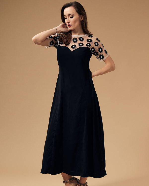 Black Embroidered Jersey Dress