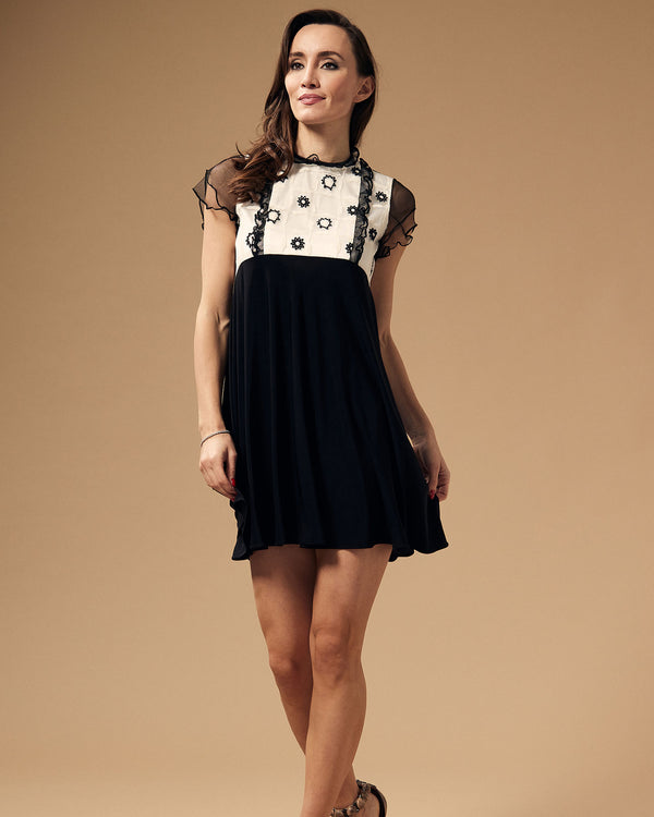 Black And White Floral Bodice Flared Short Dress