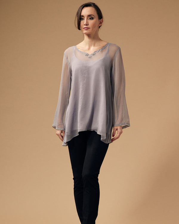 Front And Back Embroidered Grey Chiffon Tunic