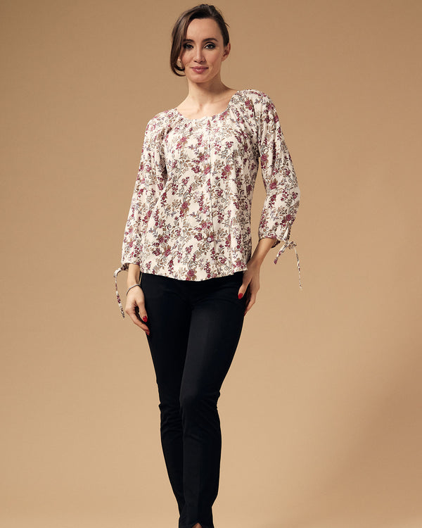 Front Open Tie Sleeves Cotton Floral Printed Top