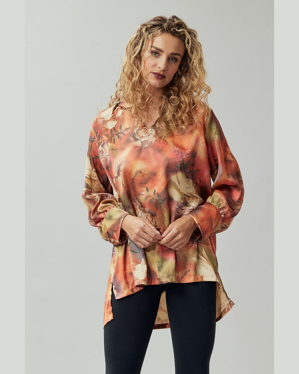 Loose Fit Cuffed Long Sleeve Floral Printed Silk Tunic